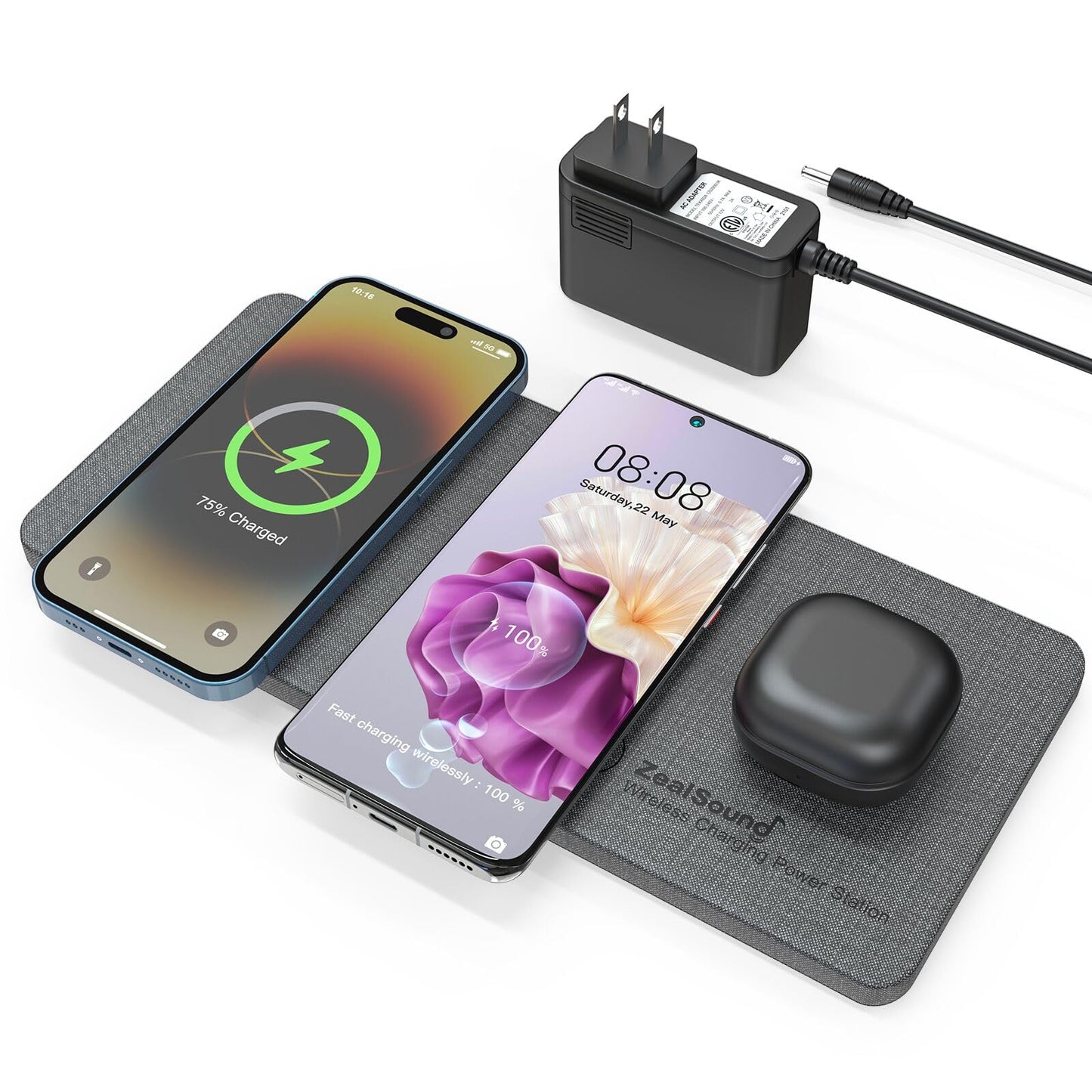 ZealSound Wireless Charging Pad, 3 in 1 Charger Mat for iPhone, Samsung Galaxy, Pixel, AirPods & Galaxy Buds, 24W Adapter Included, Ultra Slim, Case Friendly, PU Leather, Home Office & Travel, Gray