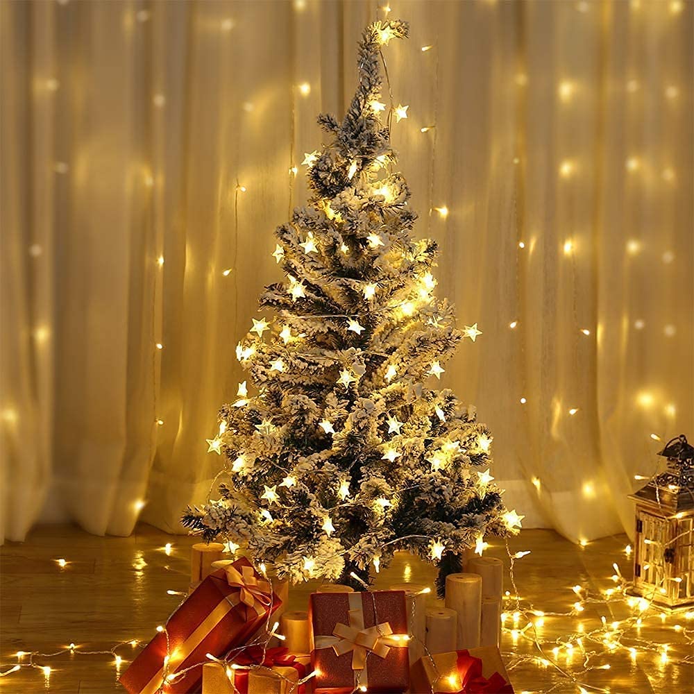 ANJAYLIA Star Lights 100 LED 32 FT Battery Operated String Lights Battery Power Star Fairy Lights for Bedroom Indoor & Outdoor, Party, Ramadan, Christmas Decorations Warm White