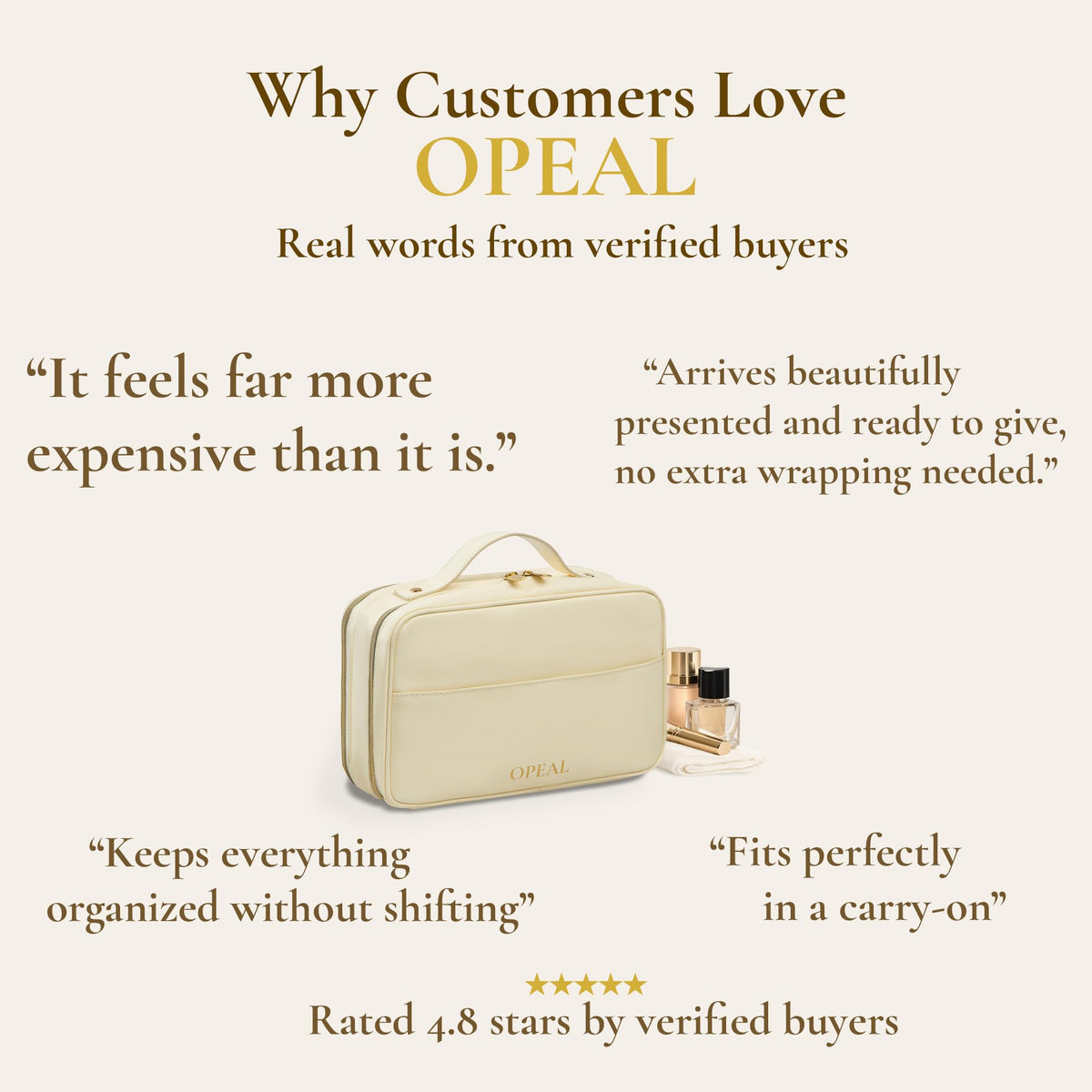 OPEAL 2-in-1 Travel Makeup and TSA Toiletry Organizer for Women – Flexible Compartments, Clear TSA Window, Wipe Clean Vegan Leather, Gift Box Included – Carry-On Approved, Cream