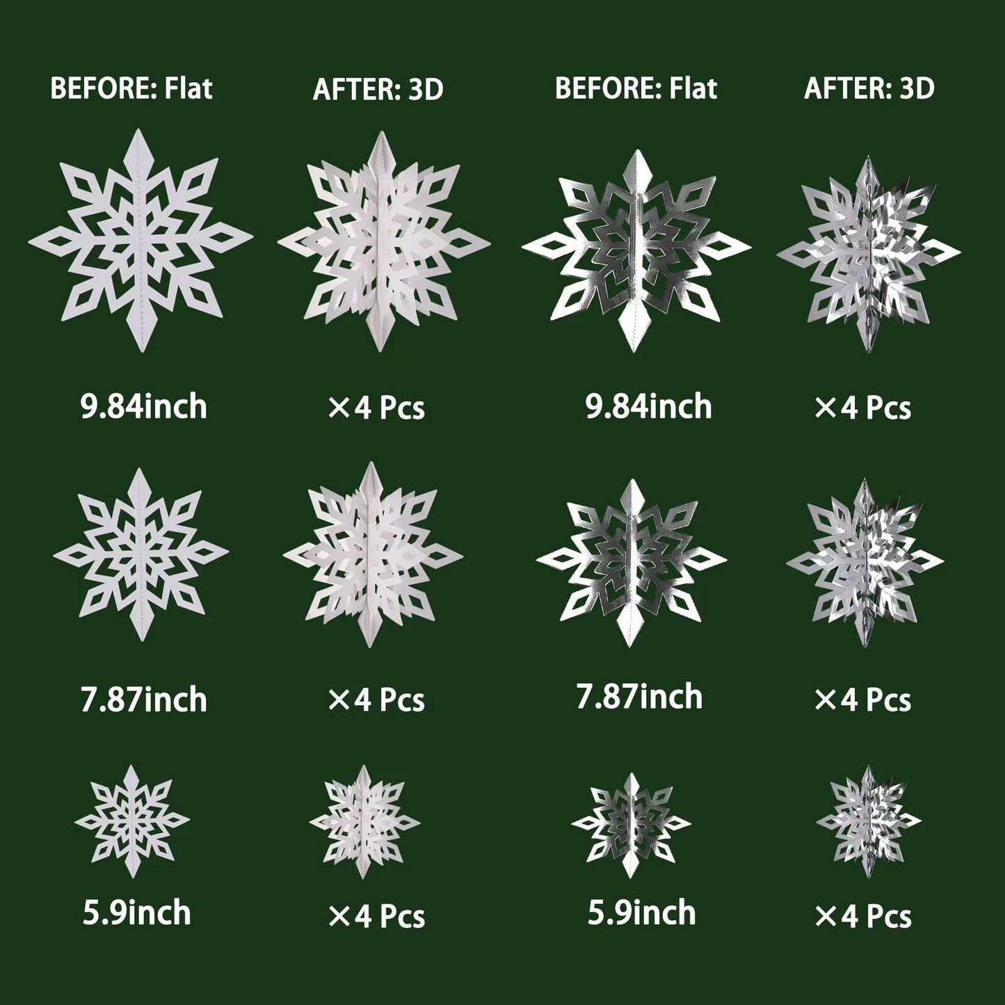 24pcs 3D Snowflake Ornaments - 3 Sizes, Frozen Christmas & Baby Shower Decorations, White & Silvery