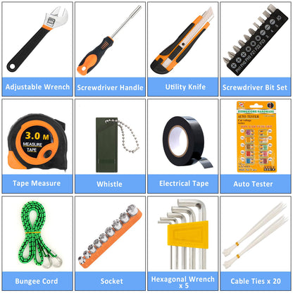 AUTODECO 82Pcs Car Roadside Emergency Kit with Jumper Cable - Automotive Safety Kit with Shovel