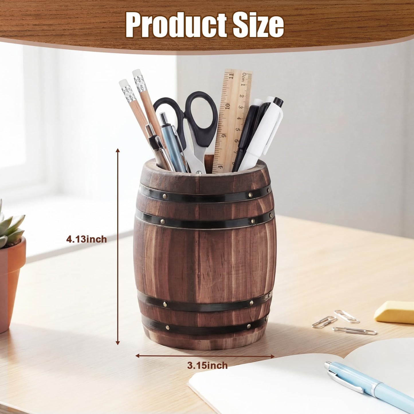 ForraFun Wine Barrel Pen & Pencil Holders Accessories Wooden Desktop Pencil Holder Containers Farmhouse Stationery Organizer Stand for Office Table Desk Accessory