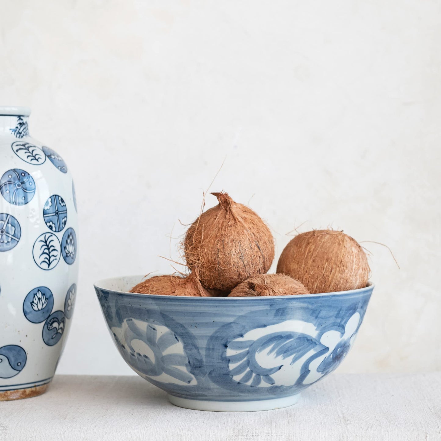 Creative Co-Op Hand Painted Stoneware Bowl with Floral Design, Blue and White