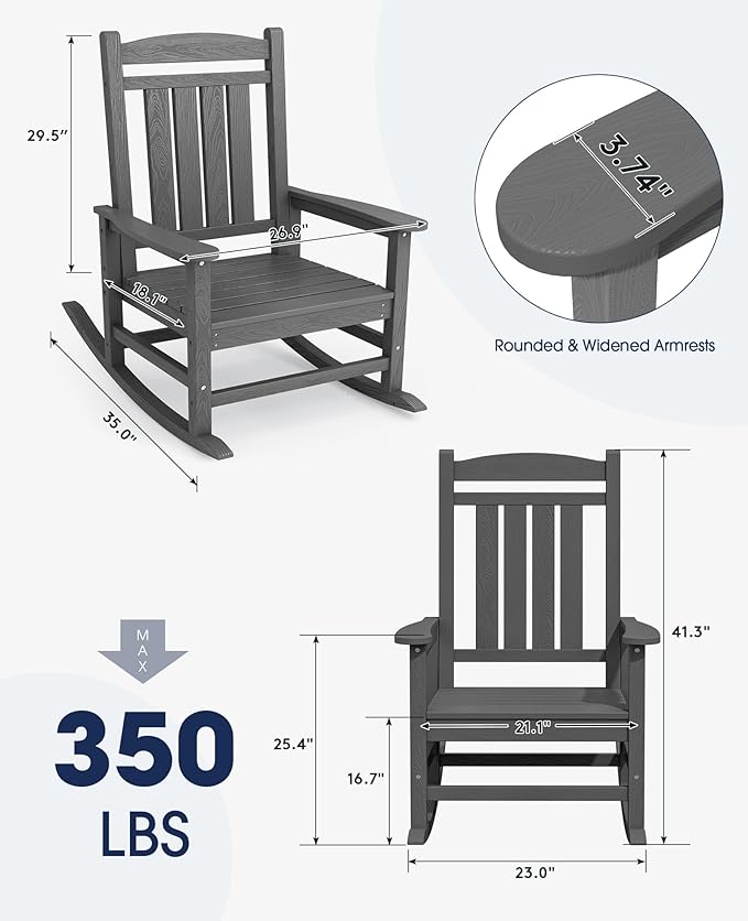 KINGYES Oversized Outdoor Rocking Chair Set of 2, HDPE Patio Rocking Chairs for Adults,Gray