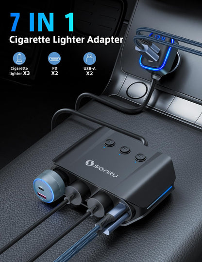 7 in 1 Cigarette Lighter Splitter, 180W [Dual PD & QC 3.0] Car Charger Adapter, 12V/24V Car USB Adapter Multi Socket with Voltmeter Fast Charging for iPhone 16/15/14 Samsung Galaxy Laptop Car Devices