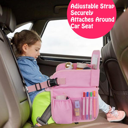 MENZOKE Kids Travel Tray, Car Seat Table Tray, Road Trip Essentials with Educational Drawing Board, Tablet Holder & Cooler Cup Holder, Travel Table for Kids Gifts in Car, Airplane, Multicoloured
