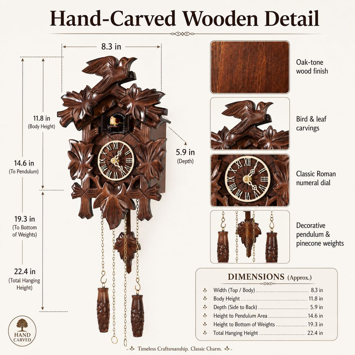 Cuckoopro Cuckoo Clock, Black Forest Style Wooden Pendulum Quartz Wall Clock, Volume Control, Night Silent, Gift Package, Professional Service