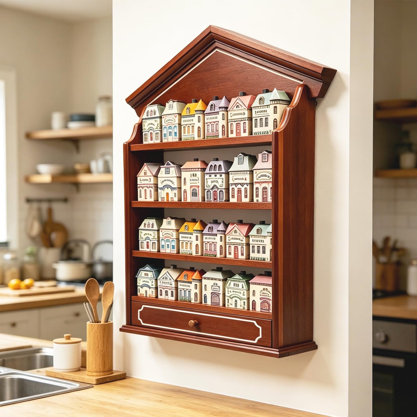 Yudlto Vintage Wooden Spice Rack with Drawer and 4 Shelves, Wall Mounted Spice Village Display Shelf for Kitchen Storage, Holds 24 Jars, 22 x 17 x 4 Inches, Rack Only