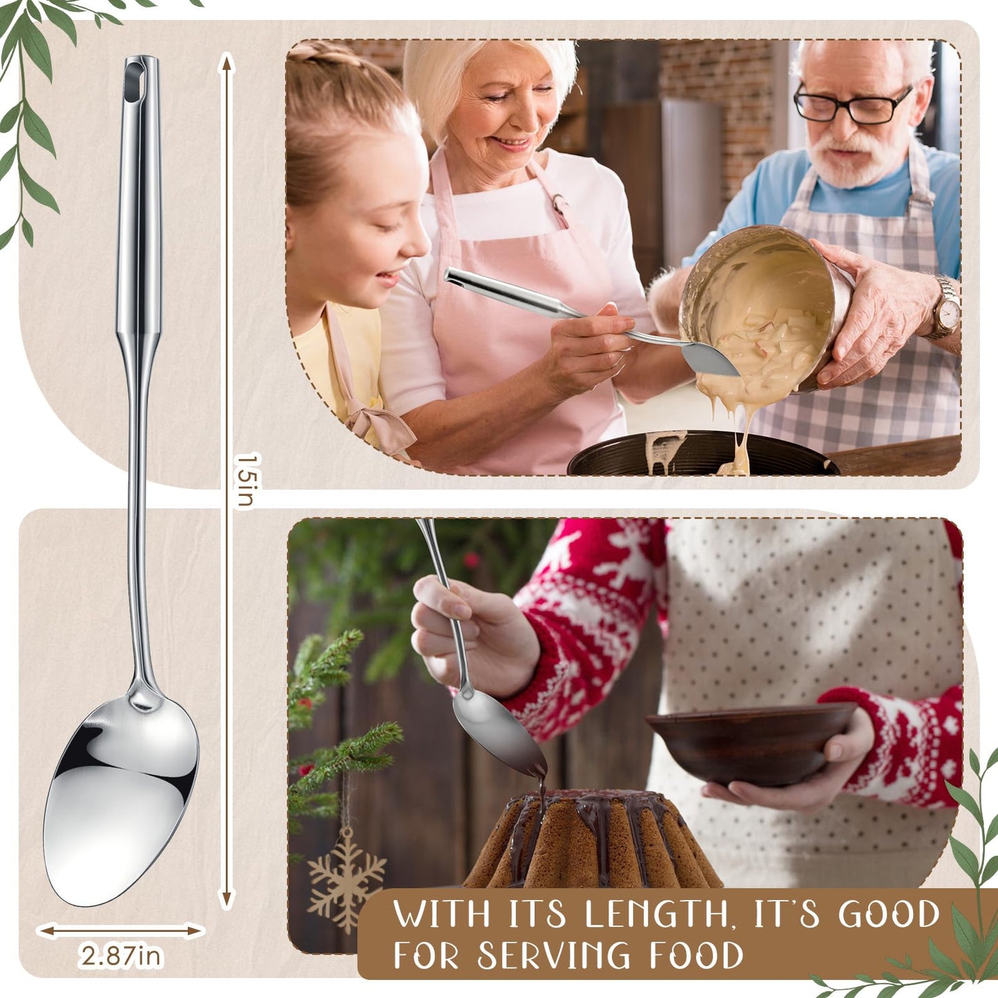 LOYIM 2 Pcs Stainless Steel Cooking Spoon, 15'' Large Stainless Steel Solid Serving, Basting Spoon for Cooking, Kitchen Non-stick and Heat Resistant, Dishwasher Safe, Easy to Clean