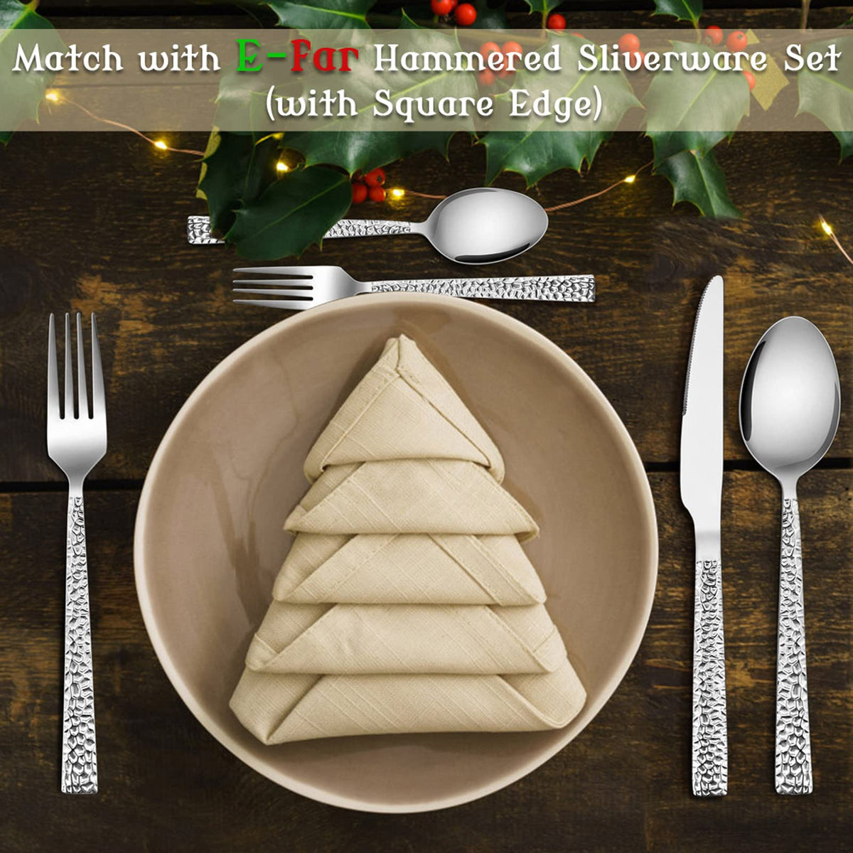 E-far Hammered Dinner Spoons Set of 12, 7.9 Inch Stainless Steel Soup Spoons Tablespoons for Home, Kitchen or Restaurant, Non-toxic & Mirror Polished, Squared Edge & Dishwasher Safe
