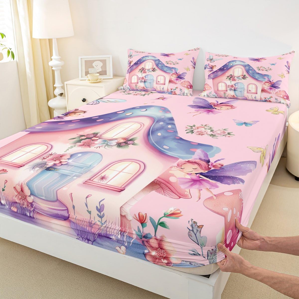 Erosebridal Fairy Garden Twin Fitted Sheet - Pink Fairy Butterfly Bedding Set for Girls Kids, Cute Pink Floral Bed Sheets, Kawaii Mushroom Flower Bed Set 2 Piece Room Decor (No Flat Sheet)