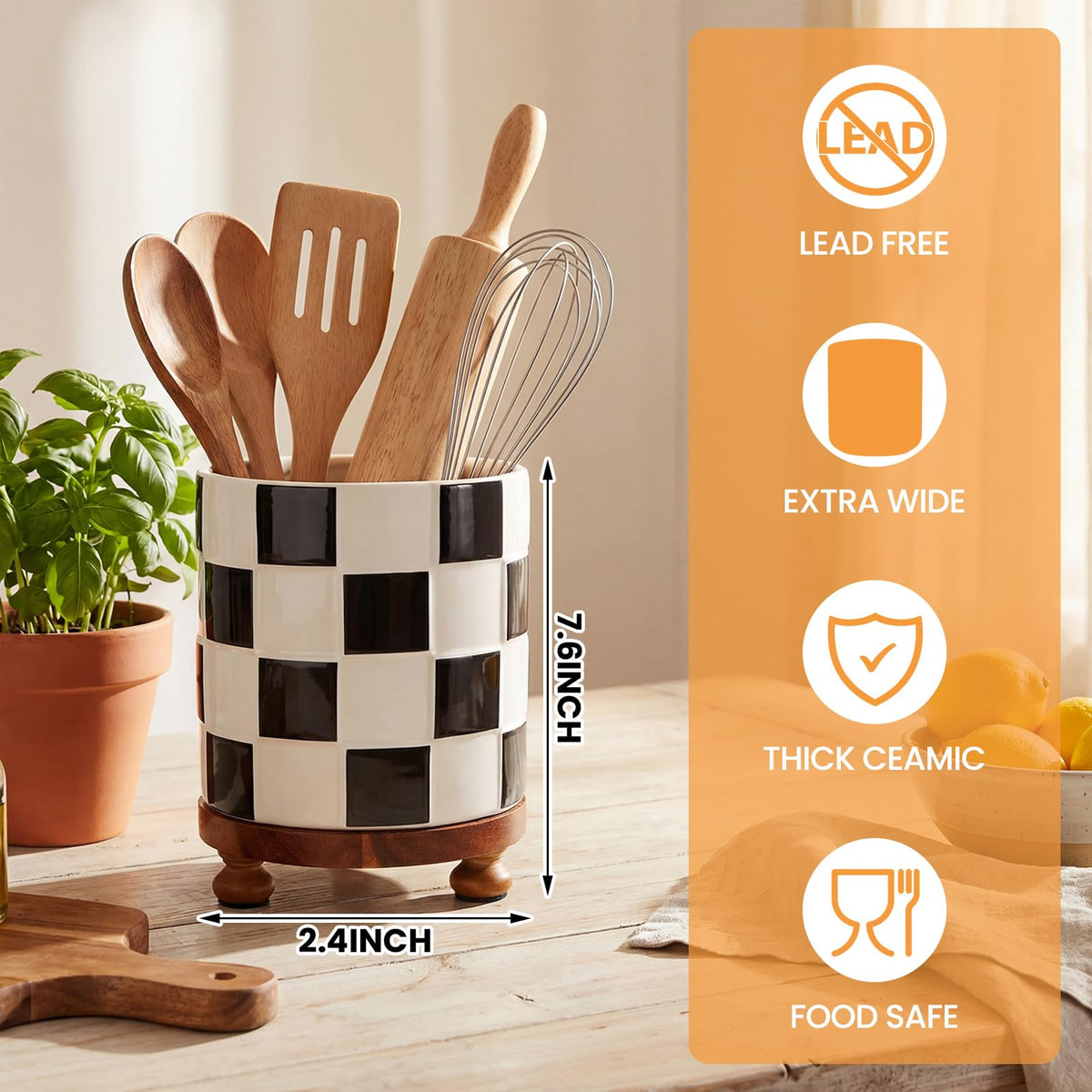 Ferrochef Kitchen Utensil Countertop Holder Checkered Utensil Crock with a Wooden Base 7.5 Inch Organizer Country Style Decorative for Storing Spoons Spatulas and Pot Spatulas