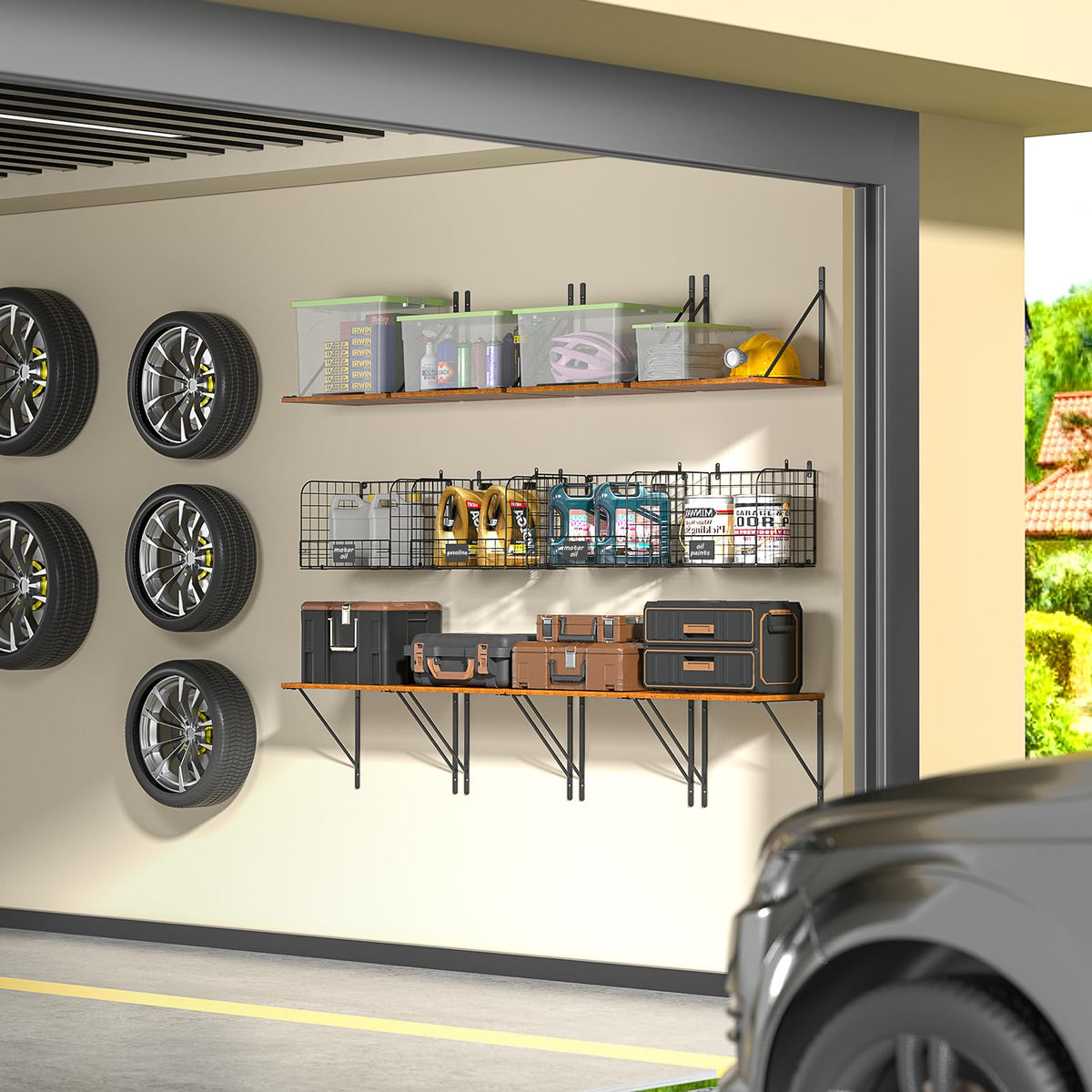 ThreeHio 2 Pack Garage Shelves Wall Mounted with Wire Storage baskets, Heavy Duty Garage Wall Shelving with Hooks, Wooden floating shelves Tool Organizer for Home Garden Garage Organizers and Storage