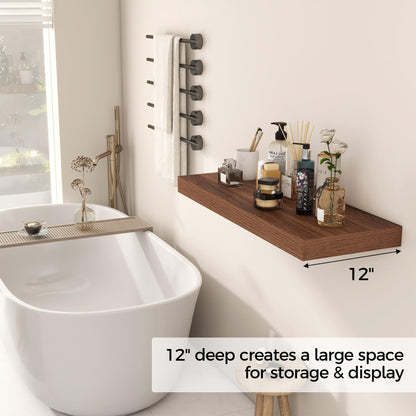Fun Memories 30 Inch Floating Shelves, 12 Inch Deep Floating Shelf for Wall, Rustic Deep Shelves for Books, Bathroom, Living Room, Kitchen, 30 x 12 x 2 Wood Floating Shelves, Walnut Color, Set of 2