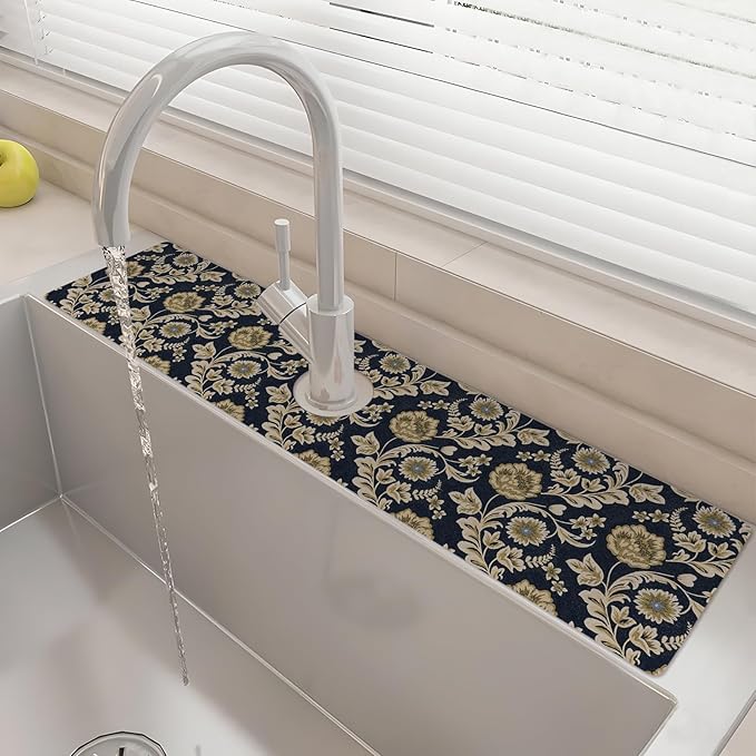 24" X 5.5" Kitchen Sink Splash Guard Faucet Mat Floral Flower Super Absorbent