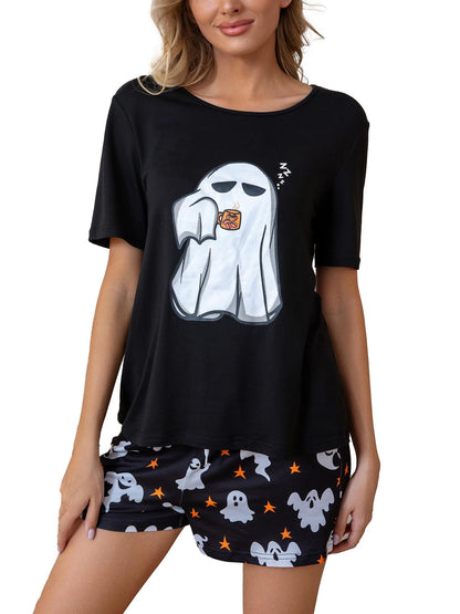 Leevuyu Halloween Ghost Face Pajamas Adult Women Short Set Scream Pjs Halloween Pajama Set Black M