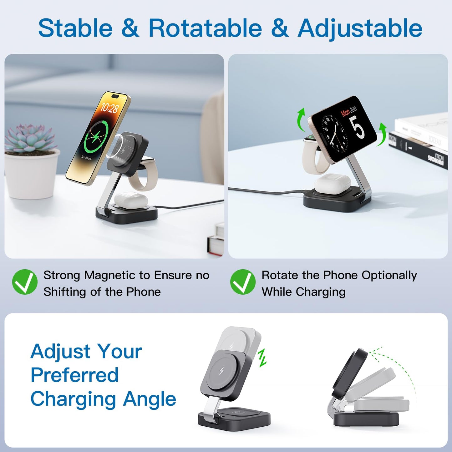 RYND 2026 Traveling Wireless Mag-Safe Fast Charging Station,Magnetic 3 in 1 Charger with iPhone 17 16 15 14 13 12 Pro Max Plus,Apple Watch Series & Air pods 4 3 2 Pro-Gifts for Wife & Husband(Black)