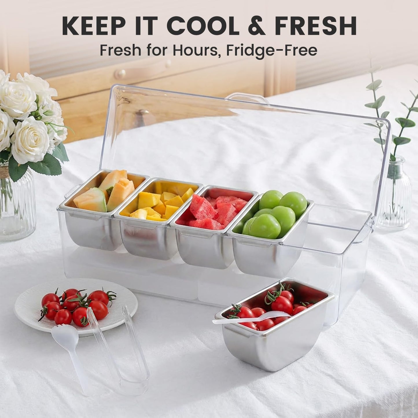 Mavolico Chilled Condiment Caddy with 5 Removable Stainless Steel Compartments, Includes Portable Insulated Tote Bag and 2 Ice Packs, Serving Tray for Picnic, Outdoor, Party and Travel