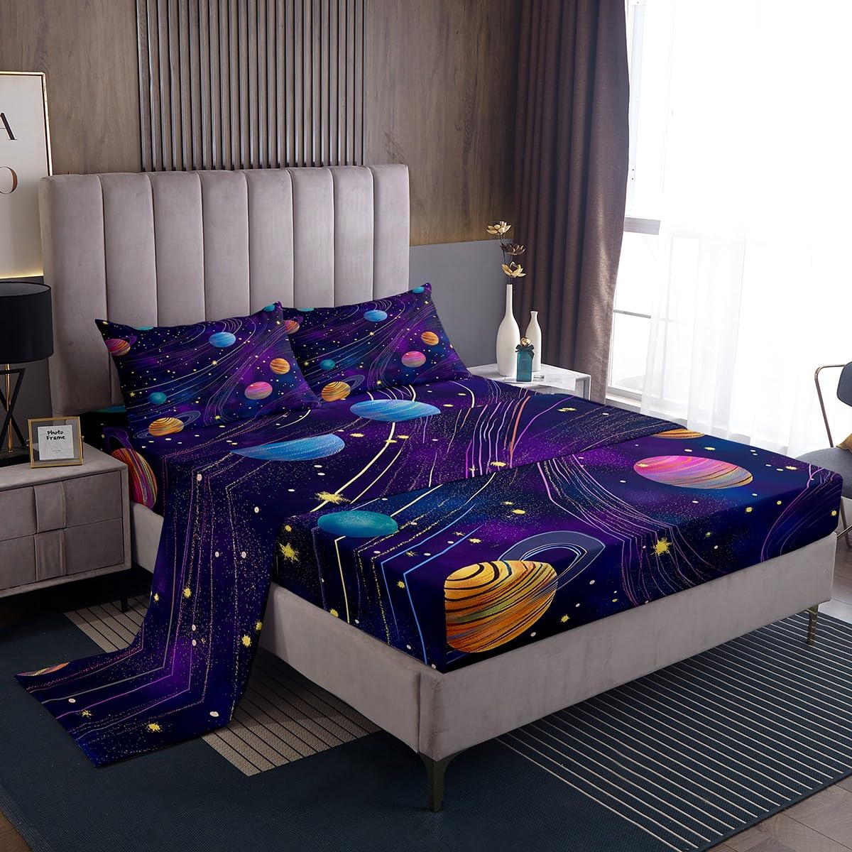 Erosebridal Galaxy Bed Sheet for Kids Boys Girls,Out Space Sheet Sets Full Size,Glowing Neon Solar System Bedding Set,Gradient Nebula Fitted Sheet Flat Sheet 2 Pillowcases Bedroom Decor