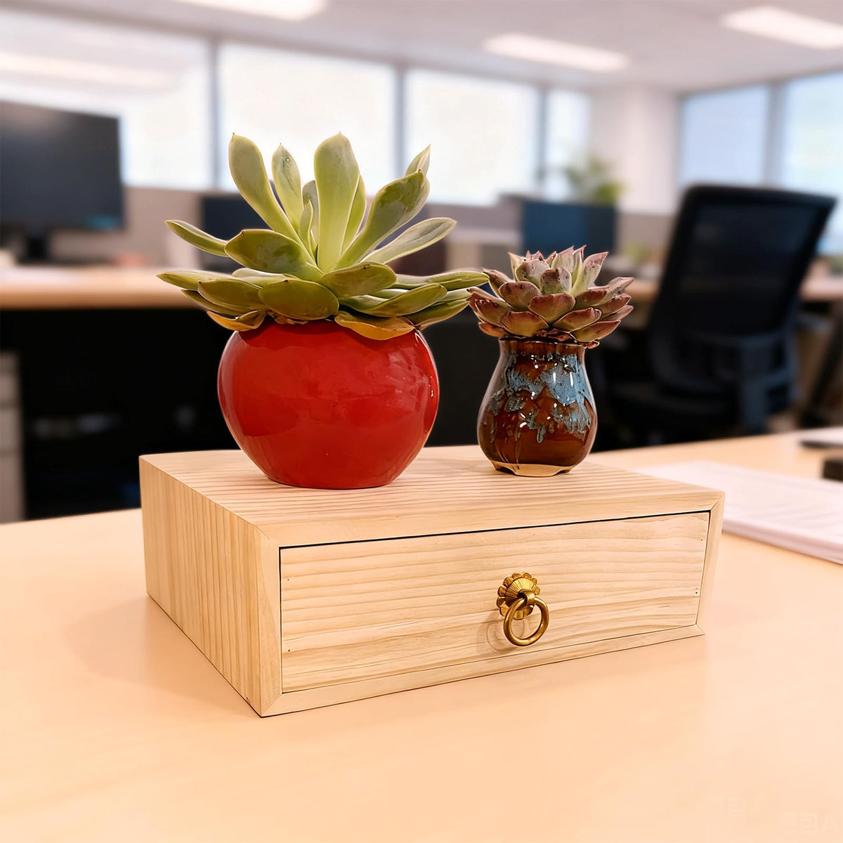 LONG TAO Natural Wooden Storage Box Desk Drawer Single Wood Cabinet Organizer Drawer Tabletop Storage Organization Box with Metal Handle for Desk Home Office Counter Craft Decor (1 Drawer)