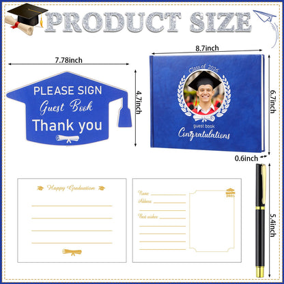 Pasimy Leather Graduation Guest Book with Grad Stand and Signature Pen 2026 Guest Sign in Book Grad Memory Registry Guestbook for College High School Graduation Party Gifts Supplies(Blue Silver)