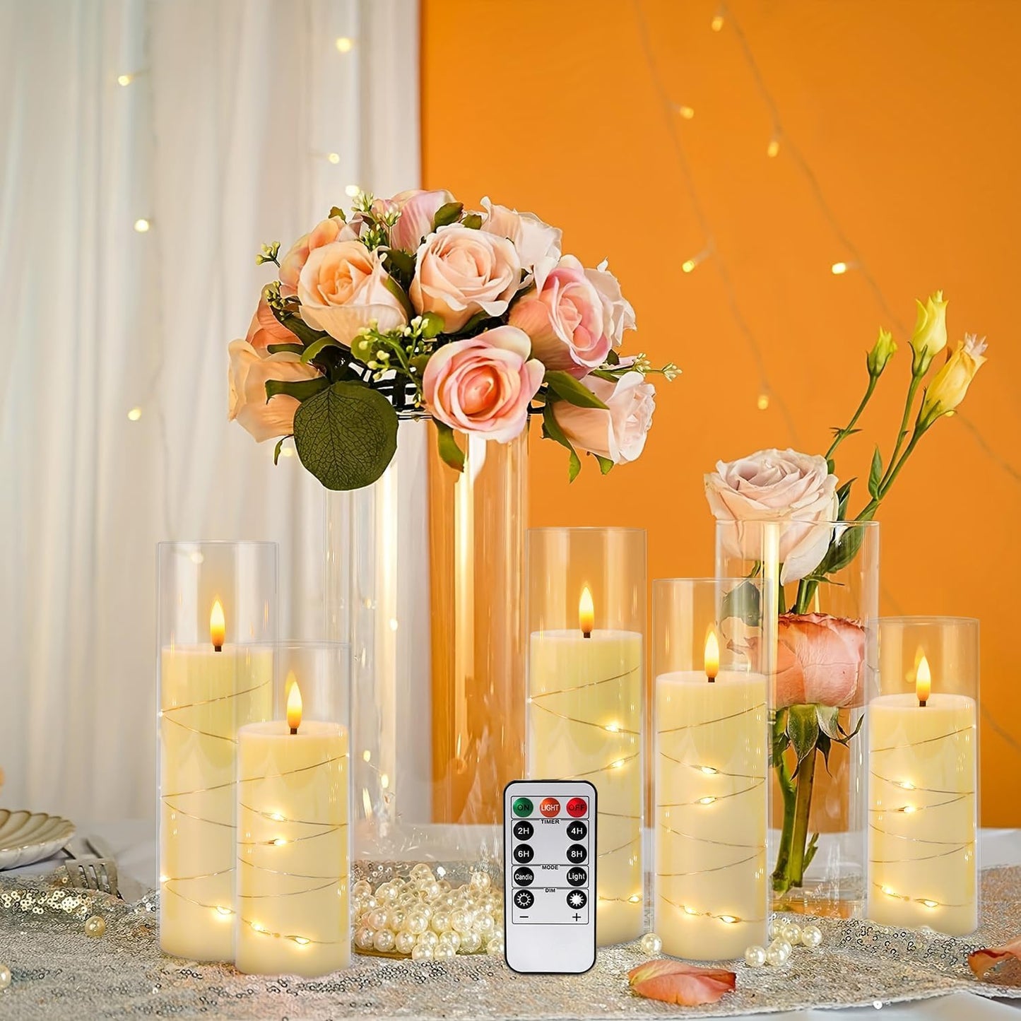 CAKETYCG 24 Pcs LED Flameless Candles with Remote, 3D Flickering Flame & LED String Lights, Acrylic Clear Cylinder, Timer Function, Romantic Ambience for Home Decor, Party, Wedding (Ivory).