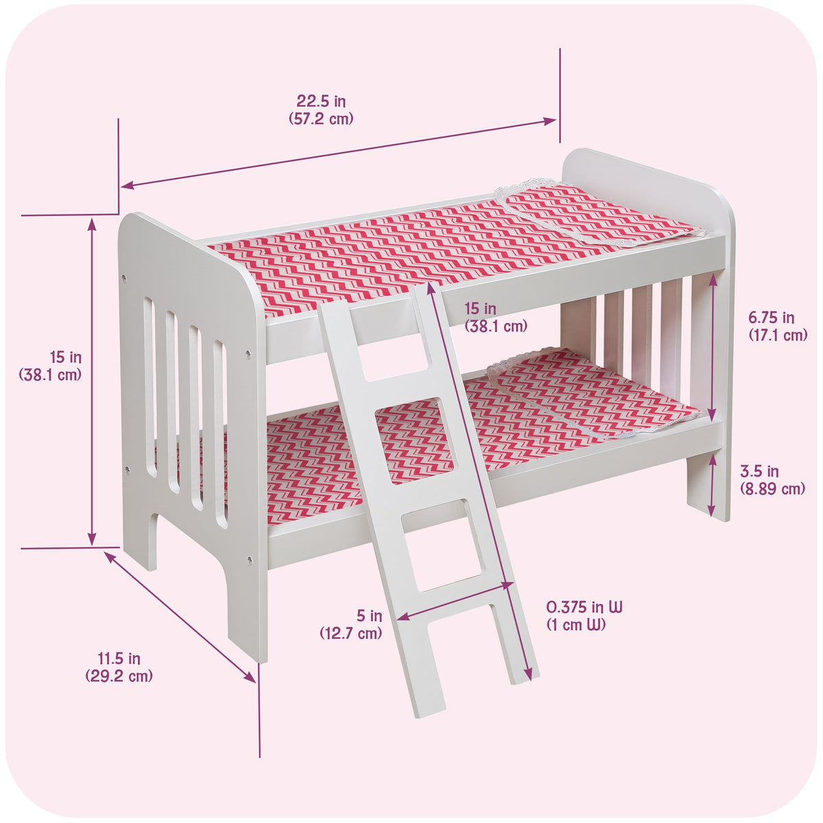 Badger Basket Chevron Doll Bunk Bed with Bedding, Ladder, and Padded Mats – Ideal for Dolls Up to 20 Inches in White and Pink