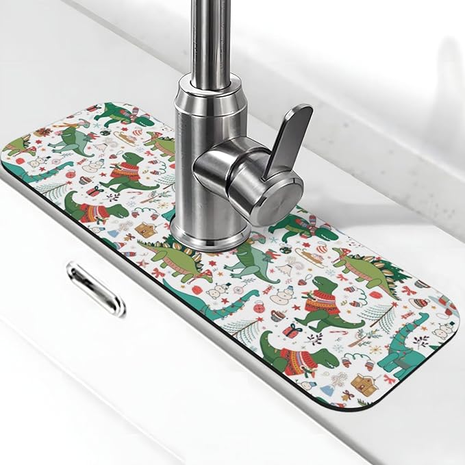 Dinosaur Christmas Happy New Year Kitchen Sink Splash Guard Faucet Mat Super