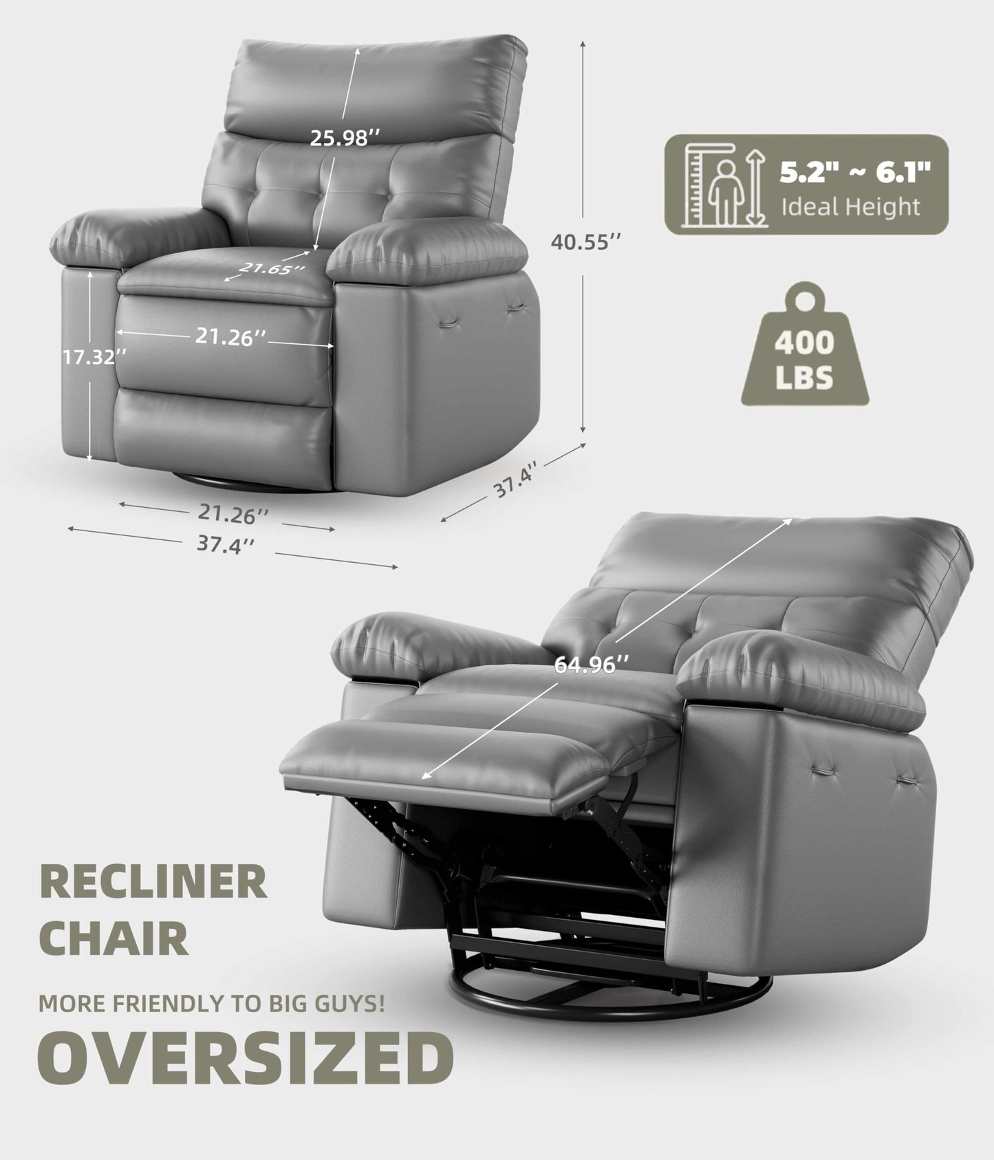 GarveeHome Oversized Leather Recliner Chair - Heat and Massage, Swivel Rocker Manual Recliner for Adults, Lazy Rocking Chair with Comfort Arms and Back Single Sofa for Living Room