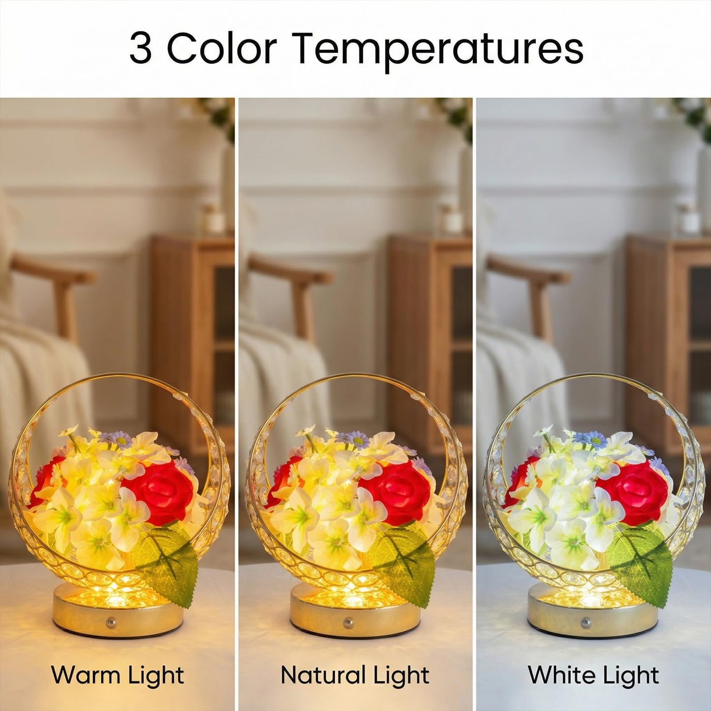 MMHF Rose LED Table Lamp, Modern Gold Crystal Bedside Lamp, Dimmable Touch Control Night Light for Bedroom Living Room Home Office, Romantic Warm Lighting Decorative Lamp