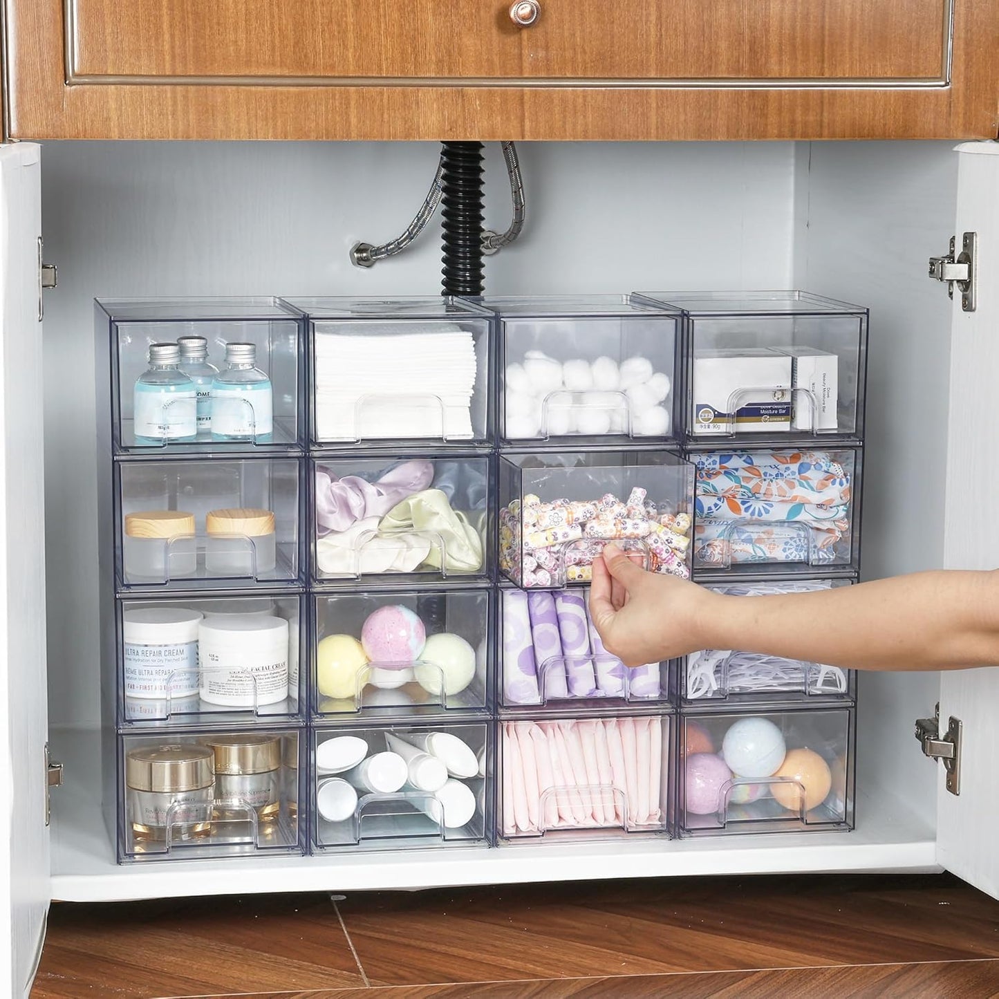 Vtopmart 4 Pack Clear Small Stackable Storage Drawers, Acrylic Bathroom Makeup Organiser, Plastic Storage Box For Vanity, Under Sink, Kitchen Cupboard, Pantry, Home Organization