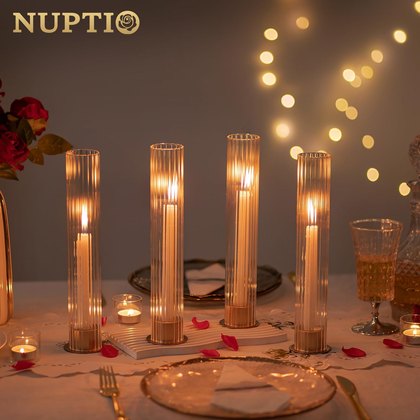 NUPTIO Candlestick Holder with Fluted Hurricane: Set of 6 Metal Candle Holders with Glass Cylinders - Gold Taper Candleholders for Birthday Valentine Wedding Table Centerpiece Outdoor Decor