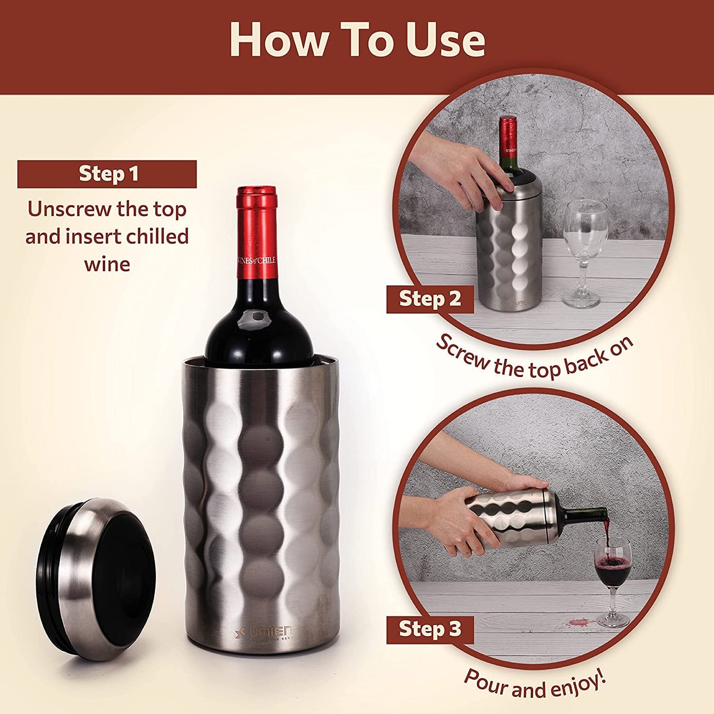 Premium Wine Chiller - 750ml Stainless Steel Bottle Cooler, Double-Walled & Vacuum Insulated - Keeps Wine Cold for 6+ Hours - Perfect Christmas Gift for Wine Lovers – Fits Most Champagne Bottles