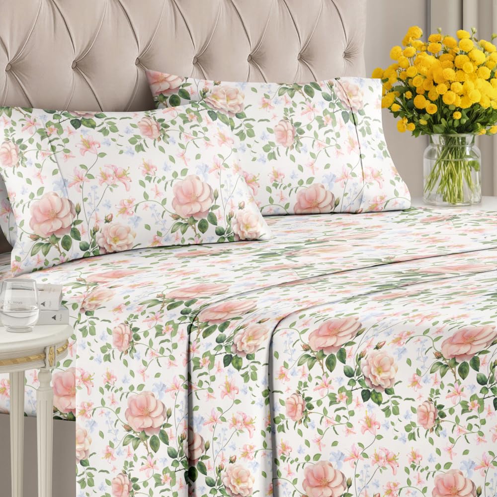 Floral Sheets - Pink Floral Rose Bed Sheet Set - 1 Flat, 1 Fitted & 2 Pillowcases w/ Deep Pockets - Comfy, Wrinkle & Fade Free Boho Botanical Bedding - Ultra-Soft, Breathable & Cooling - Full Size New