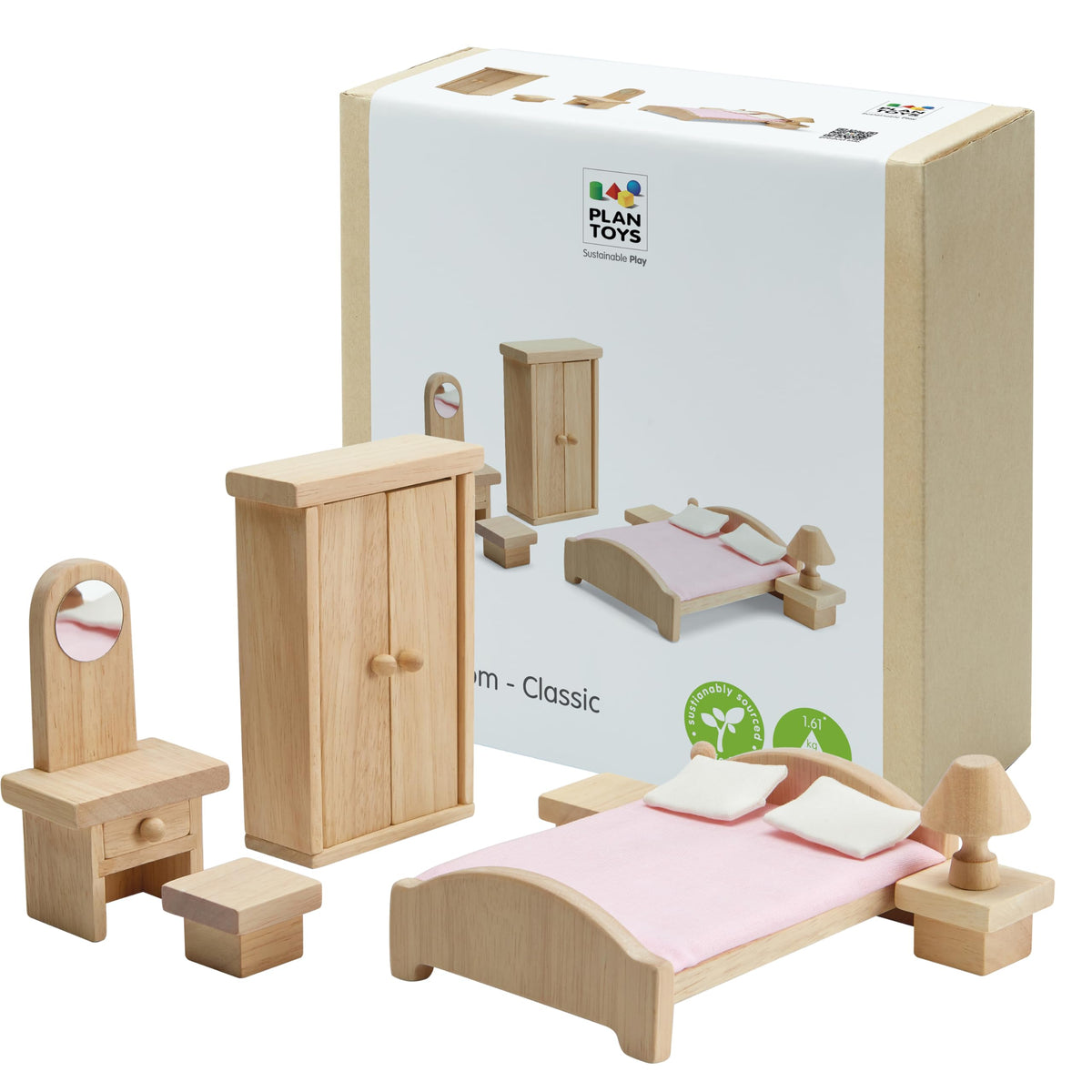 PlanToys® Classic Dollhouse Bedroom Furniture Set | Eco-Friendly Wooden Dollhouse Accessories for Kids | Includes Bed, Closet, Vanity, Chairs & Lamp | Pretend Play Montessori Toy