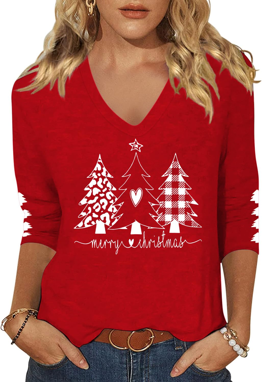Women's Merry Christmas 3/4 Sleeve T Shirt Xmas Tree Star Graphic V Neck Tee Winter Holiday Family Matching Tops(Large,Red02)