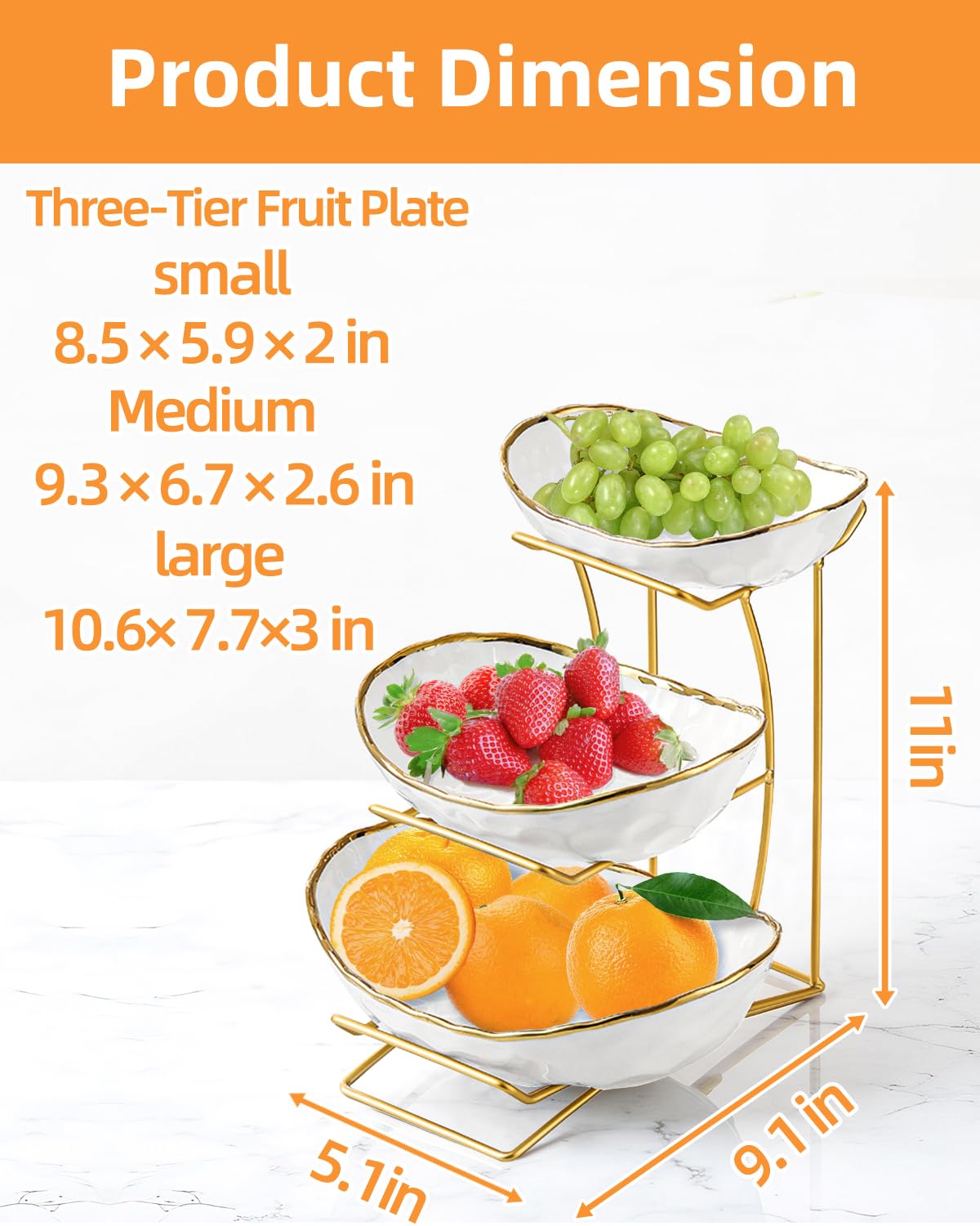 Niuirt Fruit Bowl for Kitchen Counter, 3-Tier Fruit Basket, Ceramic Fruit Bowl with Metal Stand for Fruit, Vegetable Storage, Snack, Nuts, Dessert, Cake, Stylish & Cute