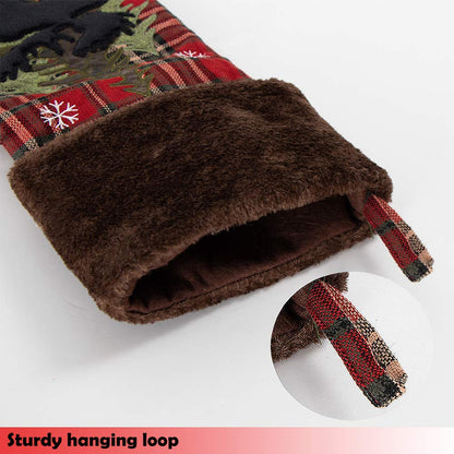 GMOEGEFT Christmas Stocking, Farmhouse Red and Black Buffalo Plaid Black Moose Embroidered Xmas Stocking, Christmas Party Decorations Fireplace Hanging Ornaments