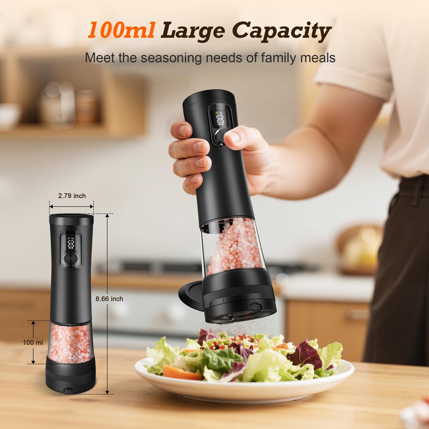 Electric Salt and Pepper Grinder Set, Automatic Refillable Salt and Pepper Shakers 2-Speed Setting with LED Light and 5 Adjustable Coarseness,Practical and Convenient Kitchen Gadgets（Black）