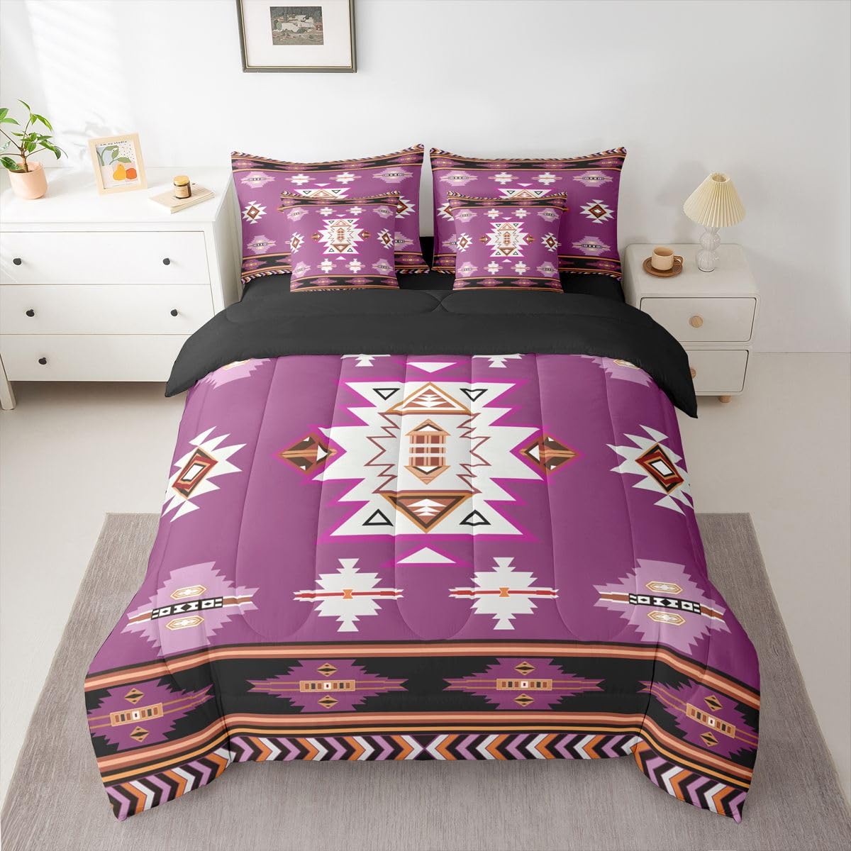 Erosebridal Western Comforter Set 7 Piece Bed in a Bag Twin | Bohemian Decor Geometric Bedding Sets Boho Aztec Comforter and Sheet Set, Ethnic Tribal Arrow Bed Sets,Purple