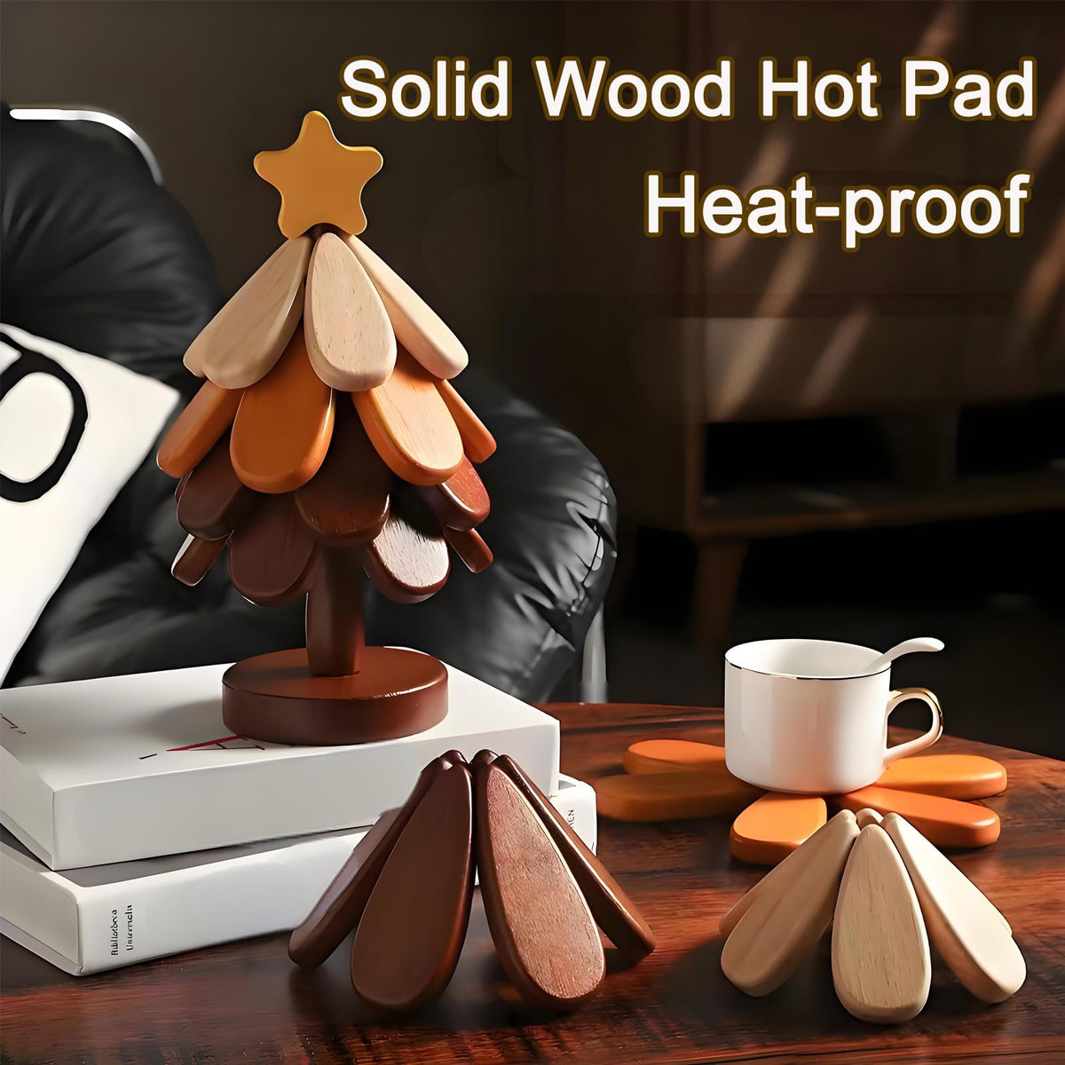 Table Decor Coaster, Tree Trivet Wooden Tree Coasters Christmas Tree Coasters Set of 5,Foldable Kitchen and Restaurant Wooden,for Hot Dishes、Pot、Bowl、Teapot、Hot Pot Holder (Star)