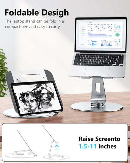 Adjustable Laptop Stand, Computer Stand with 360 Rotating Base, Ergonomic Laptop Riser Mount for Desk Foldable Protable Computer Desk Fits with MacBook Pro Air (10-16") - Black