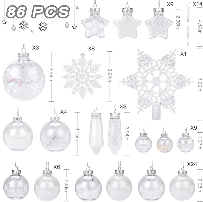 SHareconn 86PCS Christmas Balls Ornaments Set,Shatterproof Plastic Clear Decorative Baubles for Xmas Tree Decor Holiday Wedding Party Decoration, White