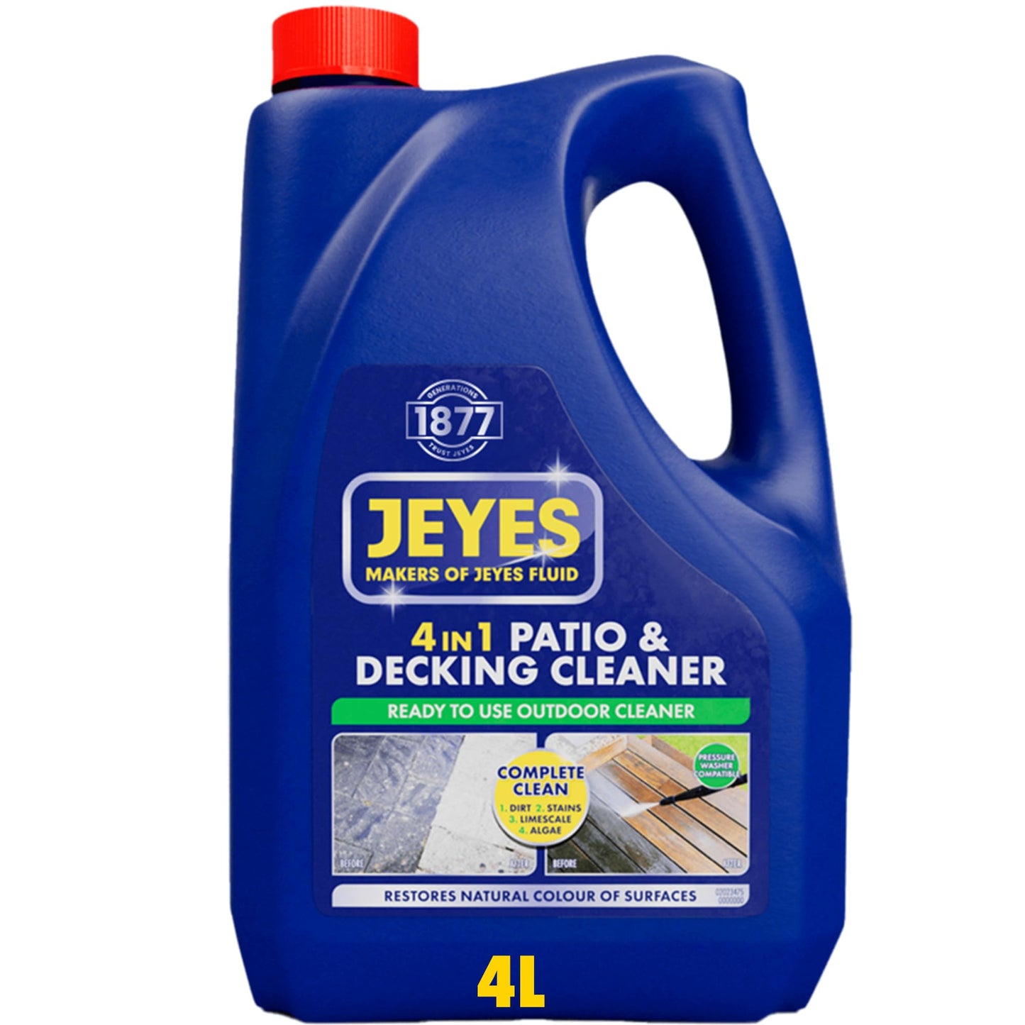 Jeyes 4 In 1 Patio & Decking Cleaner (4 Litre). Patio Cleaner Fluid for Paths, Drives, Decking & Fencing - Outdoor Disinfectant Liquid or Pressure Washer Detergent - Tackles Dirt, Algae & Stains