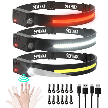 SEVENKA 3 Rechargeable Headlamps, LED Headlamp Flashlight, 1000 Lumen 230° Wide Beam & Spot Light, Sensor Mode, 2.47oz Lightweight Head Lamp for Camping, Running, Hard Hat Headlight