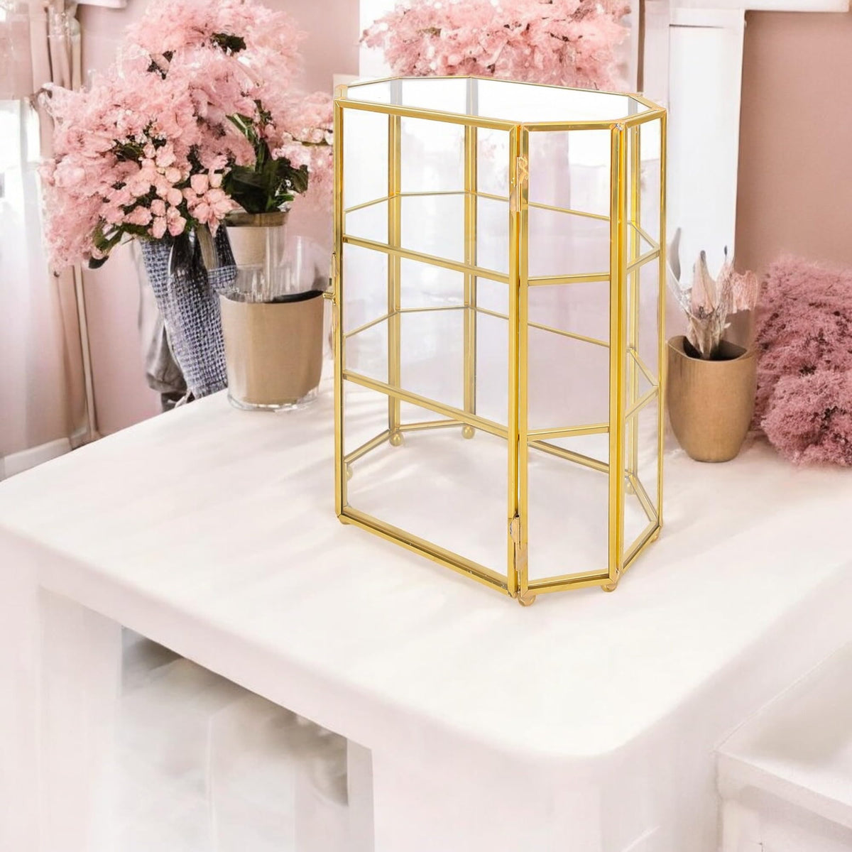 BuleVina Glass Jewelry Display Case 6.7x4x8.4 inches Small Cabinet, 3-Tier Geometric Box Keepsake Trinket for Rings, Earrings, Crystals, Makeup Organizer, Multifunction Table Decoration Storage