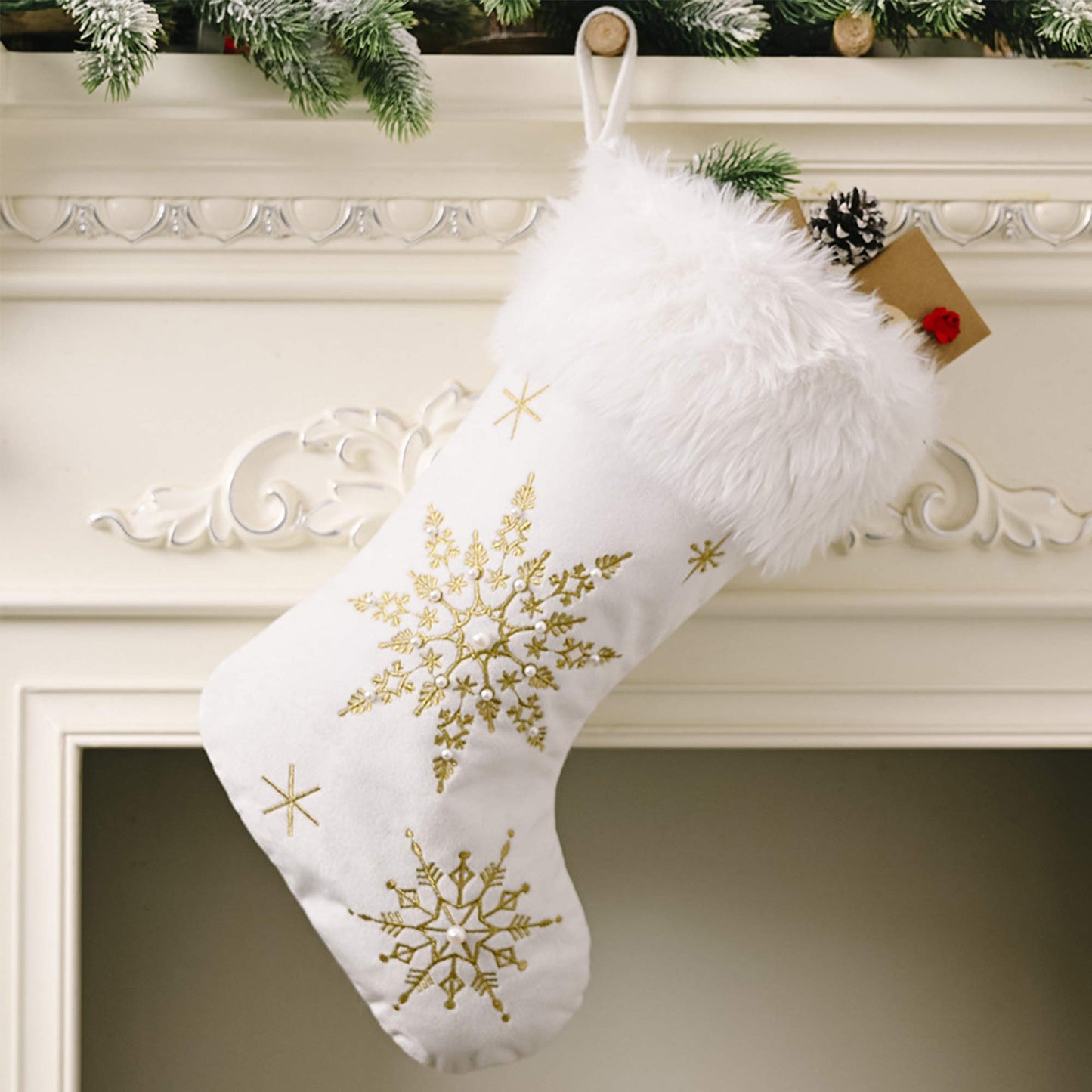 Dehinyen White Christmas Stockings 2 Pack, Family Stockings Christmas 18” Large Christmas Stockings with Plush Faux Fur Cuff (Silver/Gold Snowflake Embroidery) Giant Xmas Stockings Hanging Stockings