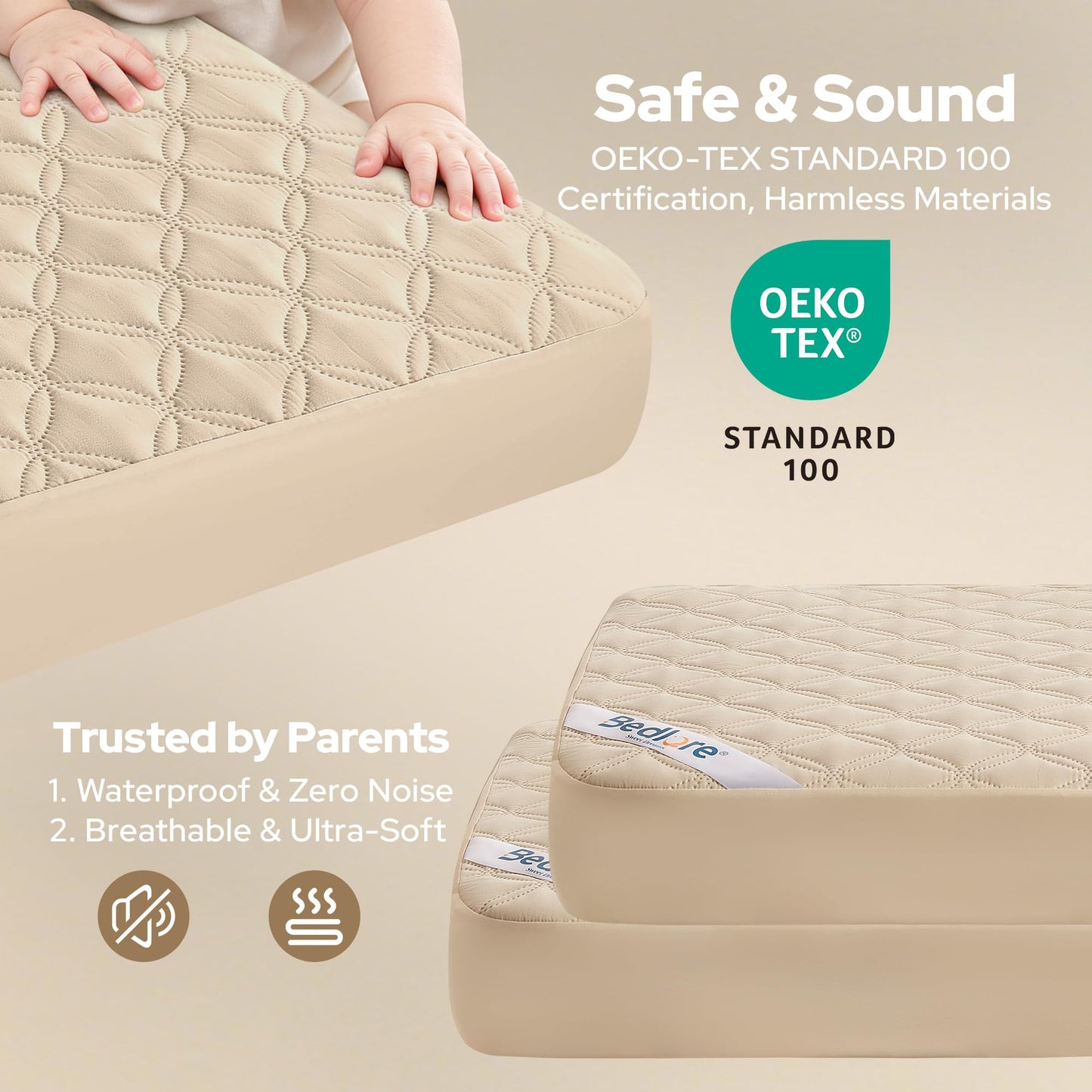 BEDLORE Crib Mattress Protector 2-Pack, Waterproof Beige 52"x28"