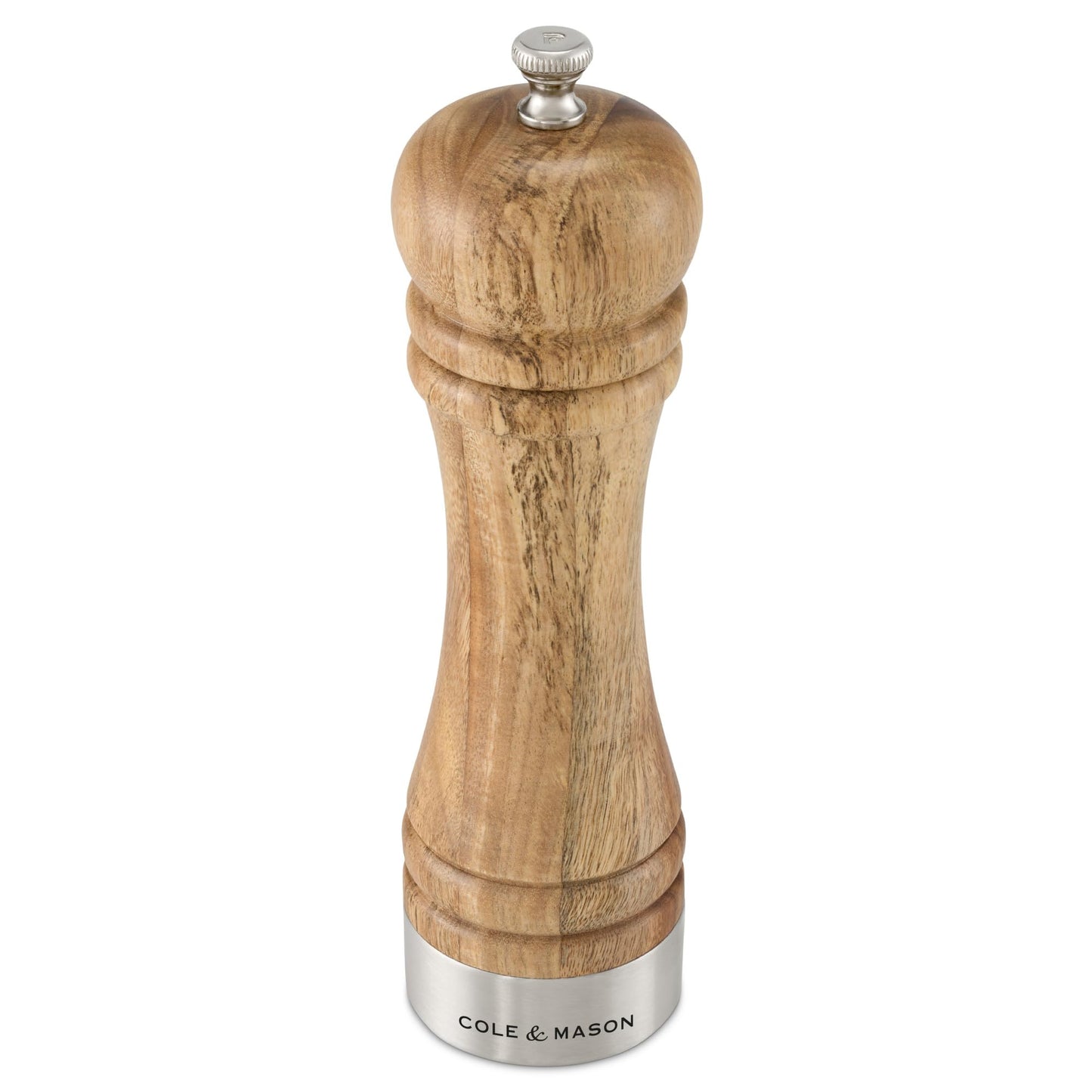 Cole & Mason Camden Acacia Salt & Pepper Mill - Dual-Use Grinder - Interchangeable Knobs - Adjustable Fine-to-Coarse Grind - Stylish Acacia Wood Kitchen Tool - 8 Inch