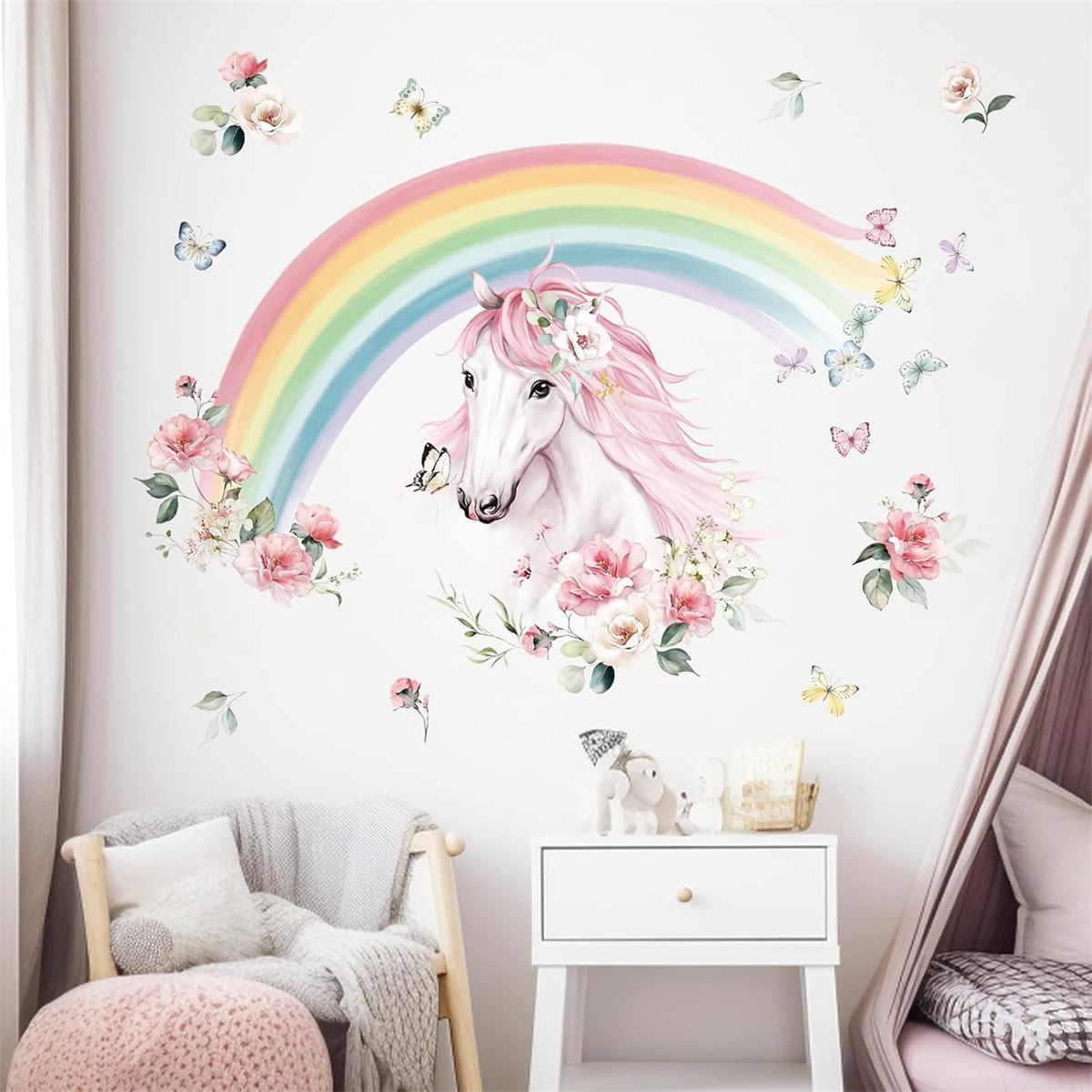 wondever Large Rainbow Wall Decals Horse Flower Peel and Stick Wall Art Stickers for Girls Bedroom Kids Room Baby Nursery